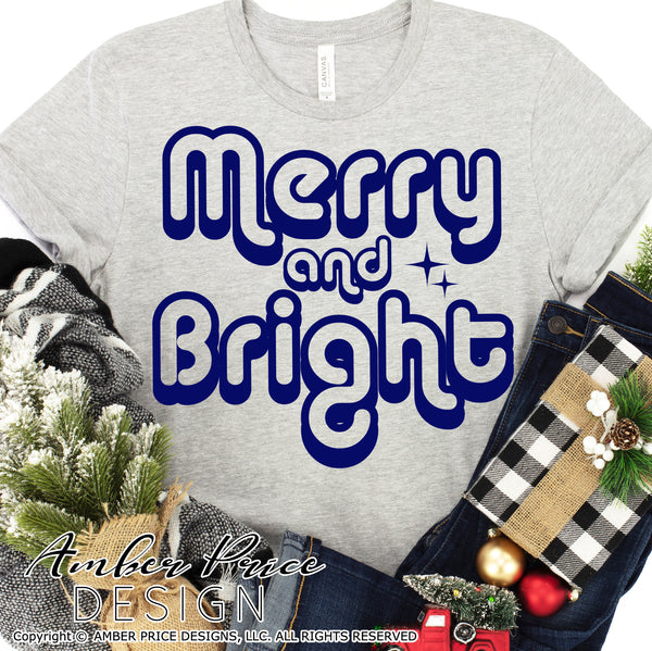 Merry and bright SVG, retro vintage Christmas SVG shirt DIY cut file for cricut, silhouette Winter SVG, festive holiday svg files winter SVG DXF and PNG version also included. Cute and Unique sublimation file. Silhouette Files for Cricut Project Ideas Simply Crafty SVG Bundles Design Bundles Vector | Amber Price Design