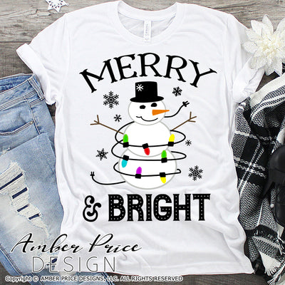 Merry and bright SVG, snowman svg with Christmas lights SVG shirt DIY cut file for cricut, silhouette Winter SVG, festive holiday svg files winter SVG DXF and PNG version also included. Cute and Unique sublimation file. Silhouette Files for Cricut Project Ideas Simply Crafty SVG Bundles Design Bundles Vector | Amber Price Design