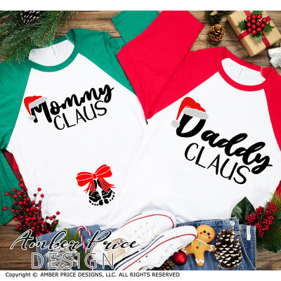 Mommy Claus SVG and Daddy Claus SVG Couple's Christmas Pregnancy / Maternity SVG PNG & DXF set. Couple's Christmas Maternity SVG His & Hers winter Pregnancy reveal shirt project! Announce your twin pregnancy shirt design winter! Pregnancy Announcement SVG is PERFECT for your pregnancy craft PNG DXF Amber Price Design