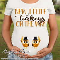New little turkeys on the way SVG | Cute Fall Maternity SVG! Cute DIY TWIN Thanksgiving Pregnancy reveal SVG files for all your twins Maternity shirt projects! Announce your pregnancy with our creative fall maternity designs! Our Pregnancy Announcement designs for your crafts! PNG DXF | Amber Price Design bundles