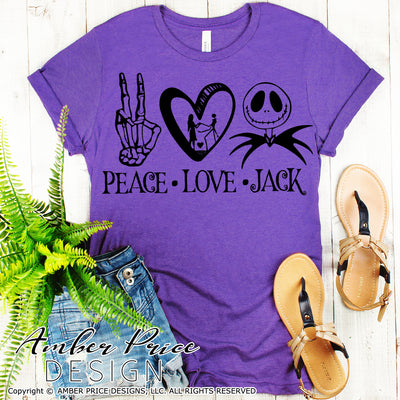 Peace Love Jack Skellington SVG, Funny Halloween SVG cut file. Cricut, silhouette, Nightmare before Christmas SVG Jack Skeleton Halloween shirt SVG, PNG. Vector for Fall and Autumn. Women's Fall Halloween shirt DXF PNG version also included. EPS by request. Cute and Unique sublimation PNG file. From Amber Price Design