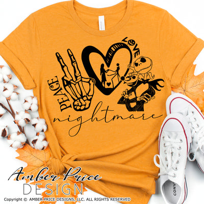 Peace Love Nightmare SVG Jack Skellington SVG, Funny Halloween SVG cut file. Cricut, silhouette, before Christmas SVG Jack Skeleton Halloween shirt SVG. Vector for Fall and Autumn. Women's Fall Halloween shirt DXF PNG version also included. EPS by request. Cute and Unique sublimation PNG file. From Amber Price Design
