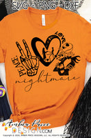Peace Love Nightmare SVG Jack Skellington SVG, Funny Halloween SVG cut file. Cricut, silhouette, before Christmas SVG Jack Skeleton Halloween shirt SVG. Vector for Fall and Autumn. Women's Fall Halloween shirt DXF PNG version also included. EPS by request. Cute and Unique sublimation PNG file. From Amber Price Design