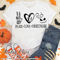 Peace Love Nightmare SVG Jack and Sally SVG, Funny Halloween SVG cut file. Cricut, silhouette, before Christmas SVG Jack Skeleton Halloween shirt SVG. Vector for Fall and Autumn. Women's Fall Halloween shirt DXF PNG version also included. EPS by request. Cute and Unique sublimation PNG file. From Amber Price Design
