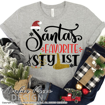 Santa's Favorite Stylist SVG, Hairdresser Christmas SVG , Hair stylist SVG for winter, cute beautician Christmas shirt SVG file DIY festive Holiday decor Christmas ornament SVGs, silhouette projects vector files SVG Silhouette SVG SVG Files for Cricut Project Ideas Simply Crafty SVG Bundles Vector | Amber Price Design 