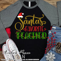 Santa's Favorite Teacher SVG, Teacher Christmas SVG, Winter SVGs for Christmas shirt. DIY Teacher Gift SVG file with Christmas lights. festive Holiday decor Christmas ornament SVGs, silhouette projects vector files SVG Silhouette SVG Files for Cricut Project Ideas Simply Crafty SVG Bundles Vector | Amber Price Design 