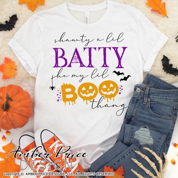 Shawty a lil batty SVG She my lil boo thang SVG, Funny Halloween SVG cut file. Cricut, silhouette, Shorty a little batty SVG Halloween shirt SVG. Vector for Fall and Autumn. Women's Fall Halloween shirt DXF PNG version also included. EPS by request. Cute and Unique sublimation PNG file. From Amber Price Design