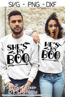 Couple's matching Halloween SVGs, his and hers Halloween shirt SVG cut file for cricut, silhouette, husband wife Halloween shirt SVG. He's my boo svg She's my boo SVG, Halloween Shirt Vector for Fall and Autumn. Fall shirt SVG DXF PNG versions included. EPS by request. Sublimation PNG file. From Amber Price Design