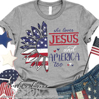 She loves Jesus and America too PNG Distressed American Flag Sunflower sublimation print file, 4th of July screen print file, PNG, Amber Price Design, Patriotic