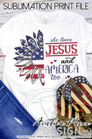 She loves Jesus and America too PNG Distressed American Flag Sunflower sublimation print file, 4th of July screen print file, PNG, Amber Price Design, Patriotic