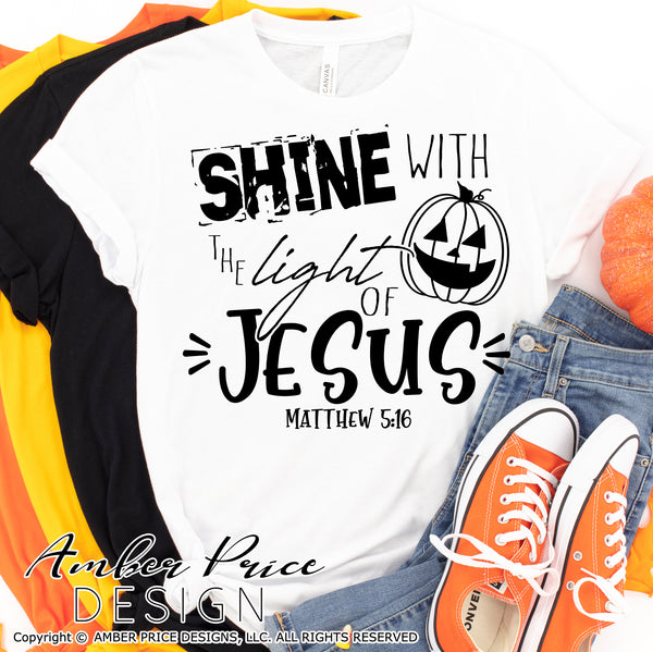 Shine with the light of Jesus SVG, Christian Halloween SVG cut file for cricut, silhouette, Matthew 5:16 SVG, Sublimation PNG. Custom Halloween Shirt Vector for Fall and Autumn. Women's Fall Halloween shirt DXF and PNG version also included. EPS by request. Cute and Unique sublimation file. From Amber Price Design