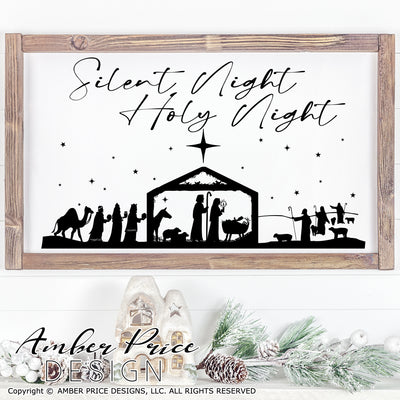 Silent Night, Holy Night SVG, Nativity Scene SVG, Christian Christmas svg design, Cute Christmas ornament SVG, Jesus is the reason SVGs, winter shirt craft, DIY silhouette projects vector files for home decor. SVG Silhouette SVG SVG Files for Cricut Project Ideas Simply Crafty SVG Bundles Vector | Amber Price Design 