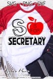 S is for Secretary SVG. Our cute school secretary shirt SVG is designed for use with cricut, and silhouette. Elementary School secretary SVG. Custom Preschool counselor Vector. Early Childhood secretary svg file. Layered SVG DXF and PNG version also included. Cute and Unique sublimation file. From Amber Price Design