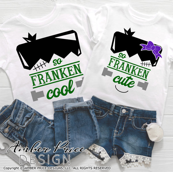 Kid's Halloween SVG PNG DXF, Franken Cool SVGs, Matching siblings Halloween SVGs, Franken Cute DIY Halloween shirt SVG. Brother and sister cut file for cricut, silhouette, cute Halloween Shirt Vector for Fall and Autumn. Fall shirt SVG DXF PNG versions included. EPS by request. Sublimation file. From Amber Price Design