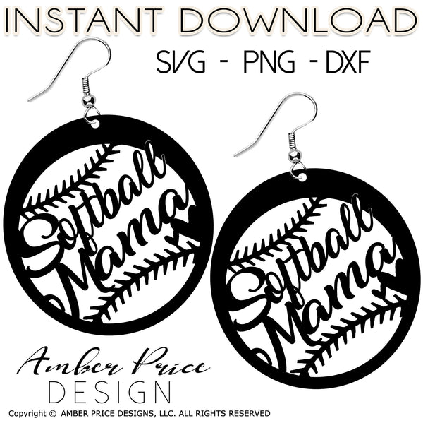 Softball Mama Earrings SVG, Softball Mom SVG, DIY earring cut file for cricut, leather earrings svgs, downloads, silhouette, glow forge, digital cut file for vinyl cutting machines. Includes 1 zipped folder containing each SVG, DXF, and PNG file. This is a High Res file, at full 300 dpi resolution | Amber Price Design