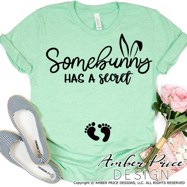 Some bunny has a secret SVG, Easter pregnancy reveal svg, Easter maternity svg, Expecting SVG, Easter png Spring SVG Easter bunny png, cute Spring SVG shirt craft DIY Cricut silhouette projects vector files. Free SVGs Silhouette SVG Files for Cricut Project Ideas Simply Crafty SVG Bundles Vector | Amber Price Design | amberpricedesign.com