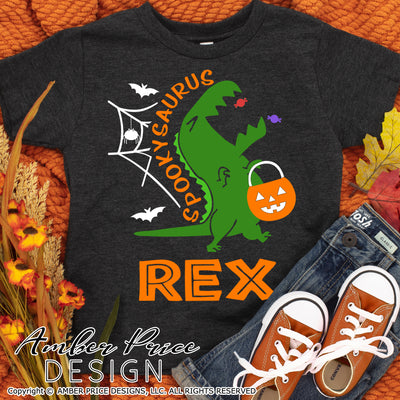 Kid's Halloween SVG PNG DXF, Spookysaurus Rex SVGs, Halloween Dinosaur SVGs,   Cute DIY children's Halloween shirt SVG. Boys or girls SVG cut file for cricut, silhouette, cute Halloween Shirt Vector for Fall and Autumn. Fall shirt SVG DXF PNG versions included. EPS by request. Sublimation file. From Amber Price Design