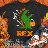 Kid's Halloween SVG PNG DXF, Spookysaurus Rex SVGs, Halloween Dinosaur SVGs,   Cute DIY children's Halloween shirt SVG. Boys or girls SVG cut file for cricut, silhouette, cute Halloween Shirt Vector for Fall and Autumn. Fall shirt SVG DXF PNG versions included. EPS by request. Sublimation file. From Amber Price Design
