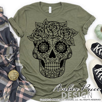 Sugar Skull SVG, Floral Sugar Skull with Roses SVG, Halloween SVG PNG DXF,  Halloween skeleton SVG, Cute DIY Halloween shirt SVG. Cut file for cricut, silhouette, cute Women's Halloween Shirt Vector for Fall and Autumn. Fall shirt SVG DXF PNG versions included. EPS by request. Sublimation file. From Amber Price Design
