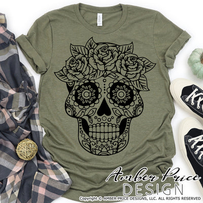 Sugar Skull SVG, Floral Sugar Skull with Roses SVG, Halloween SVG PNG DXF,  Halloween skeleton SVG, Cute DIY Halloween shirt SVG. Cut file for cricut, silhouette, cute Women's Halloween Shirt Vector for Fall and Autumn. Fall shirt SVG DXF PNG versions included. EPS by request. Sublimation file. From Amber Price Design