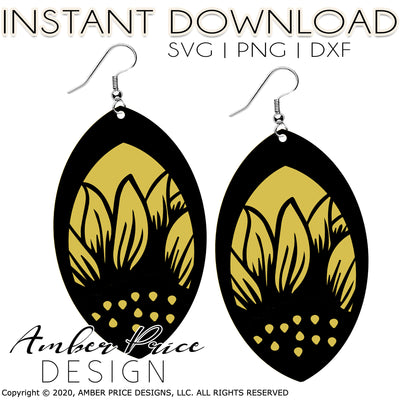 Sunflower earring SVG, layered sunflower earring cut file for cricut, silhouette, glow forge, digital cut file for vinyl cutting machines like Cricut, and Silhouette. Includes 1 zipped folder containing each SVG file, DXF file, and PNG file. This is a High Res file, at full 300 dpi resolution | Amber Price Design