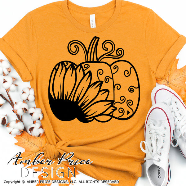 Sunflower Pumpkin SVG, Pumpkin Patch SVG, swirly pumpkin clipart Fall SVG, DIY women's Fall t-shirt SVG, October SVG cut file for cricut, silhouette DXF & PNG also. Cute Unique sublimation file. Cricut SVG Silhouette Files for Cricut Project Ideas, Simply Crafty SVG Bundles Design Bundles, Vectors | Amber Price Design