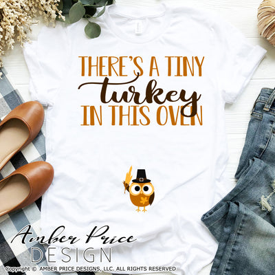There's a tiny turkey in this oven SVG Fall Pregnancy / Maternity SVG! Cute DIY Thanksgiving Pregnancy reveal SVG files for all your Maternity shirt projects! Announce your pregnancy with our creative fall maternity designs! Our Pregnancy Announcement designs for your crafts! PNG DXF | Amber Price Design bundles