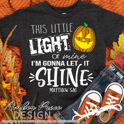 This little light of mine I'm gonna let it shine Matthew 5:16 SVG, Christian Halloween SVG cut file for cricut, silhouette, SVG, DXF and Sublimation PNG. Custom Halloween Shirt Vector for Fall and Autumn. Kid's Fall Halloween shirt DXF and PNG version also included. EPS by request. Cute and Unique sublimation file. From Amber Price Design