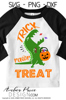 Kid's Halloween SVG PNG DXF, Trick Rawr Treat SVGs, Halloween Dinosaur SVGs,   Cute DIY children's Halloween shirt SVG. Boys or girls SVG cut file for cricut, silhouette, cute Halloween Shirt Vector for Fall and Autumn. Fall shirt SVG DXF PNG versions included. EPS by request. Sublimation file. From Amber Price Design