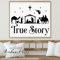True Story SVG, Christmas Nativity Scene SVG, Christmas svg, Christian Christmas SVGs, Cute Christmas ornament SVG, Jesus is the reason SVGs, winter shirt craft, DIY silhouette projects vector files for home decor. SVG Silhouette SVG Files for Cricut Project Ideas Simply Crafty SVG Bundles Vector | Amber Price Design 