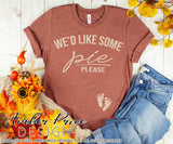 We'd like some pie please SVG Fall Pregnancy / Maternity SVG! Cute DIY Thanksgiving Pregnancy reveal SVG files for all your Maternity shirt projects! Announce your pregnancy with our creative fall maternity designs! Our Pregnancy Announcement SVGs are PERFECT for pregnancy crafts! PNG DXF | Amber Price Design bundle