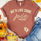 We'd like some pie please SVG fall Pregnancy / Maternity SVG! Cute DIY Thanksgiving Pregnancy reveal SVG files for all your Maternity shirt projects! Announce your pregnancy with our creative fall maternity designs! Our Pregnancy Announcement SVGs are PERFECT for pregnancy crafts! PNG DXF | Amber Price Design bundle