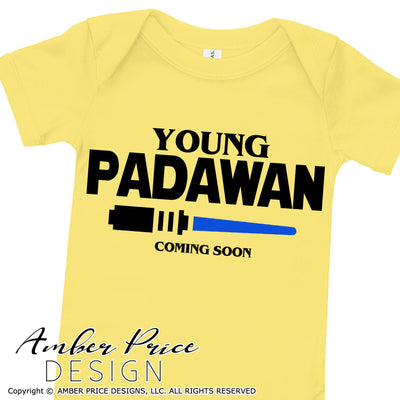 Young Padawan coming soon SVG, Announce your pregnancy & Make your own Star wars shirt for your new baby with my unique jedi lightsaber Star Wars SVG cut file vector for cricut & silhouette cameo files. DXF PNG sublimation file. Cricut SVG Files for Cricut Project Ideas SVG Bundles Design Bundles | Amber Price Design